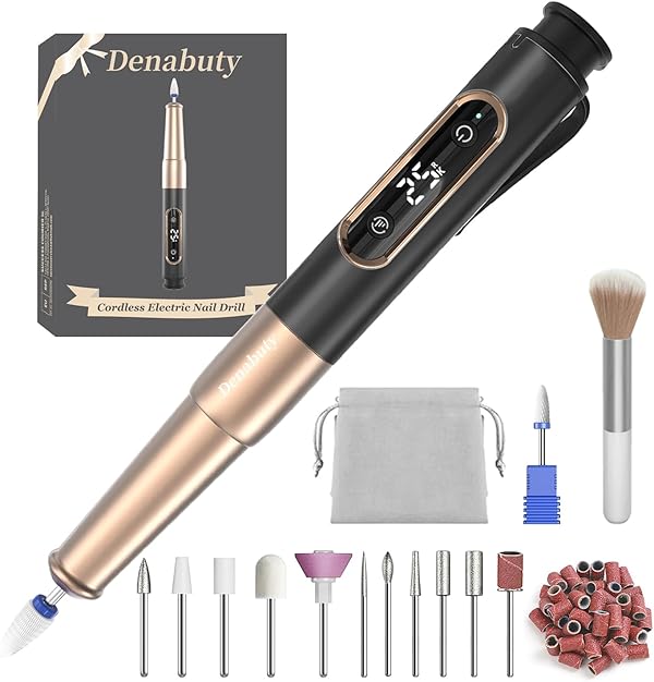 Nagelfräser, Denabuty Elektrische Nagelfeile Kabellos 12 in 1 Fräser für Gelnägel 25000 u/Min, USB Wiederaufladbare, 5 Verstellbare Geschwindigkei, Maniküre Pediküre Set Schwarz