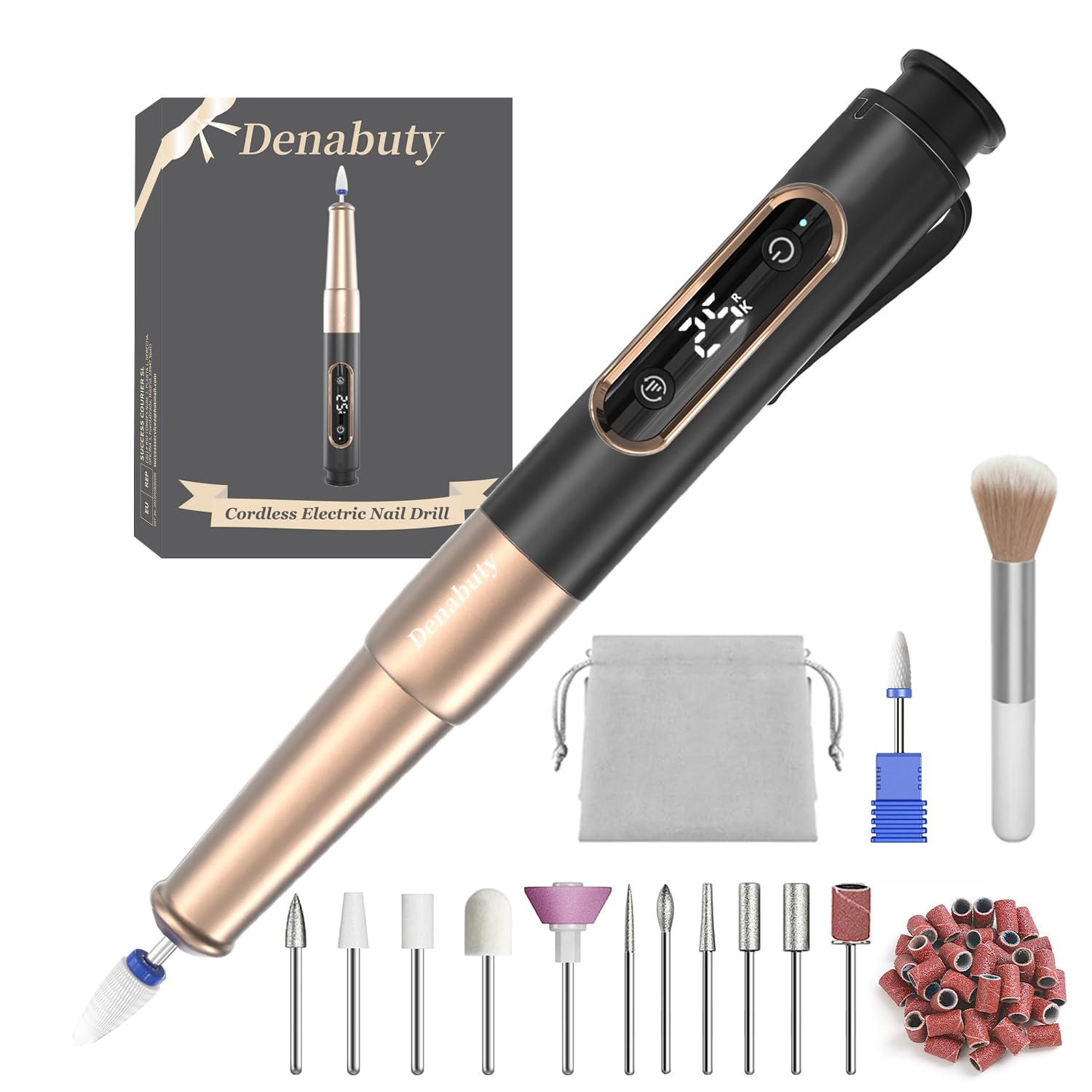 Denabuty Nail Drill Cordless, Electric Nail File 12 in 1 with LED Display, Nail Drill Machine Professional Portable Rechargeable E File for Gel Acrylic Manicure Pedicure Set with 5 Speeds Black