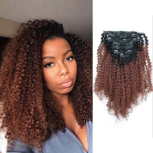 AmazingBeauty 3C 4A Big Afro Curly Ombre Hair Extensions Double Weft Remy Human Hair for Black Women, Two Tone Clip In Hair Extensions, Natural Black Fading into Auburn/Reddish Brown TN33, 12 Inch