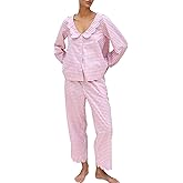 Kissonic Womens Gingham Pajama Set 2 Piece Scalloped Edge Plaid Babydoll Pjs Long Sleeve Cotton Sleepwear Lounge Set