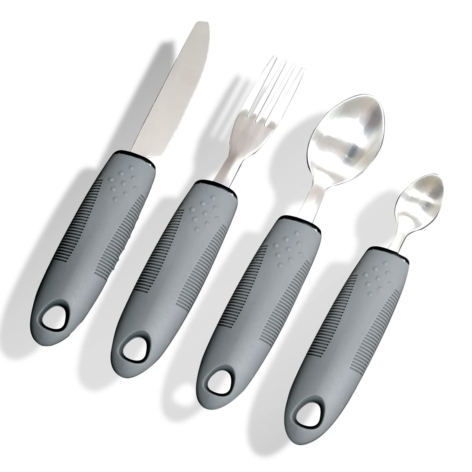 Yuflen 4Pcs Grey Disability Aids Cutlery Sets Extra Wide Handles Easy Grip Cutlery Set Soft and Comfortable Grips Cutlery for Disabled,Elderly and Parkinson's Arthritis