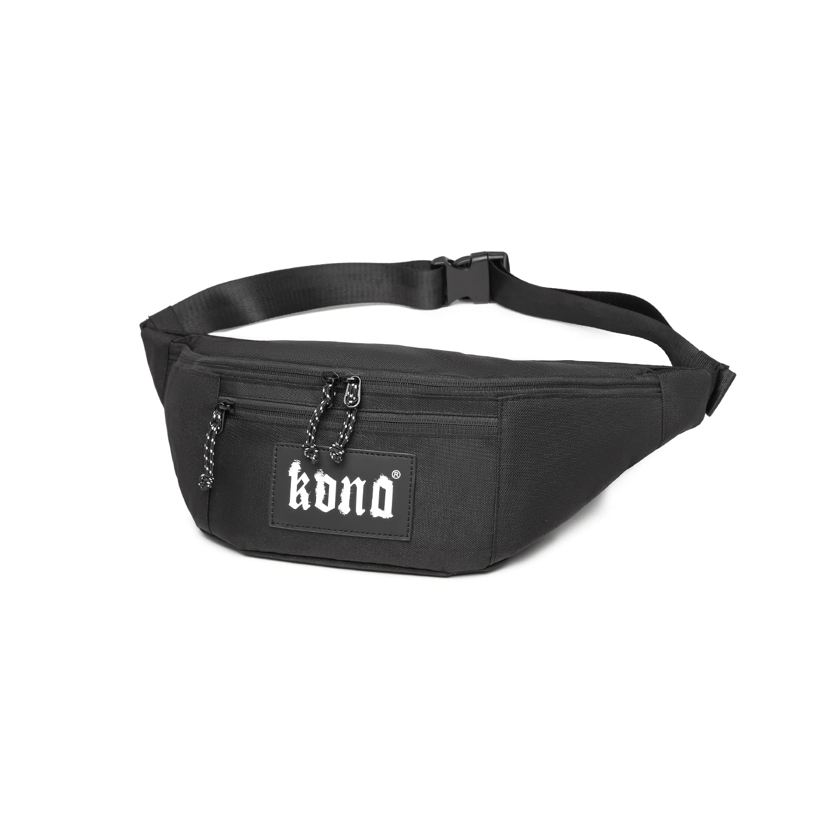 Kono Bum Bag Fanny Pack Waterproof Waistpack Phone Pocket Bumbag 3 Zip Pockets with Adjustable Belt for Travel Outdoor Running Cycling Hiking (Black)