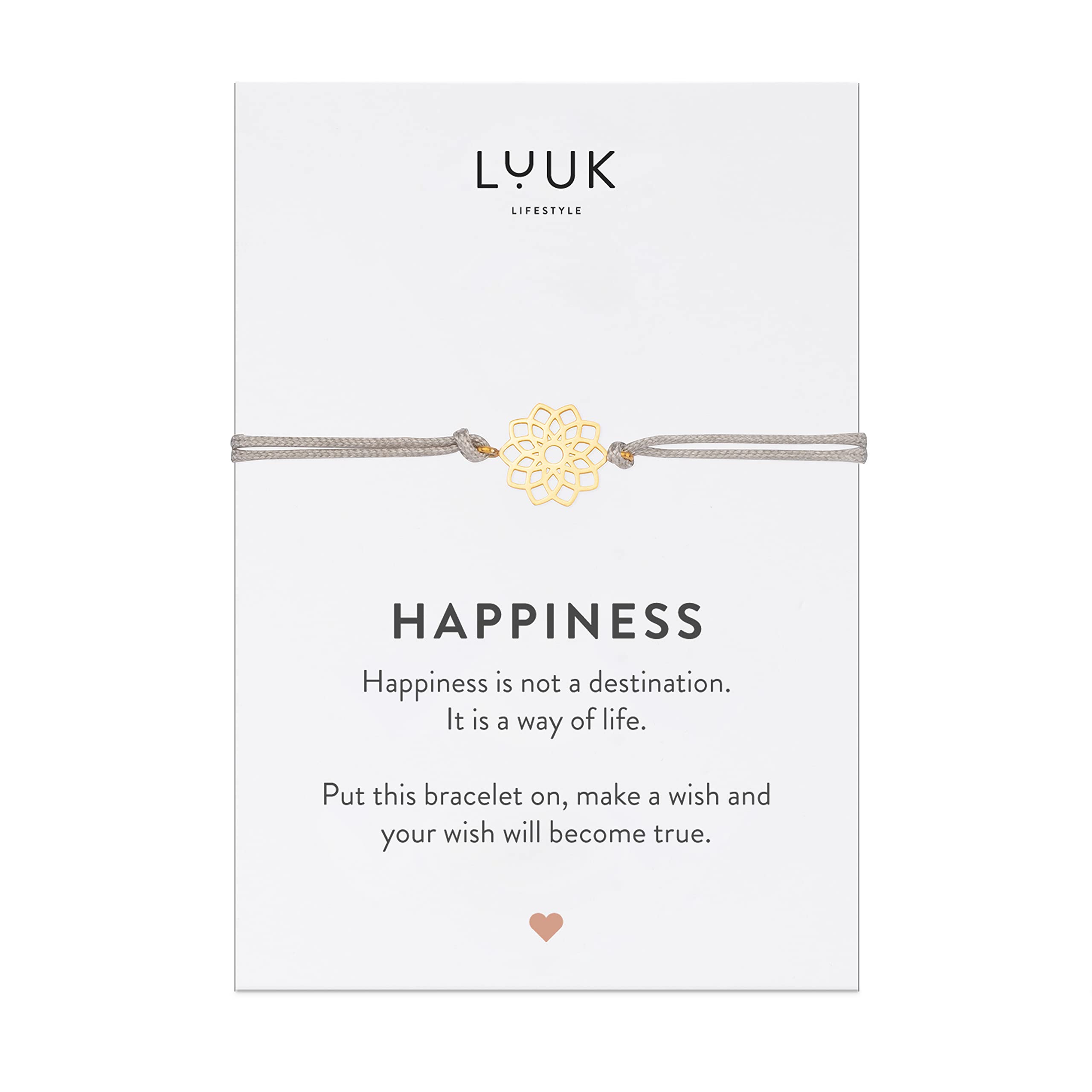 LUUK LIFESTYLE Filigree bracelet with Mandala I flower pendant, HAPPINESS card, fashion accessory, gift idea, fabric cord, friendship symbol, best friends forever, women bracelet, beige, gold