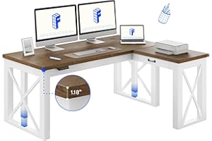 FLEXISPOT L-Shaped Executive Electric Standing Desk, 62"x48" Wood Farmhouse Home Office Height Adjustable Corner Desk with Drawer (3 Packages)