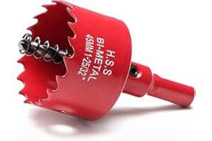 IHOMEPARK 1-3/4 Inch Hole Saw for Wood, 45mm HSS BI-Metal Hole Saw for Recessed Lighting, 30mm Cutting Depth Hole Cutter with Hex Shank Drill Bit Adapter for Cornhole Boards Plastic Drywall Fiberboard, Red