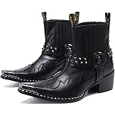 Santimon Men's Genuine Leather Western Chelsea Cowboy Boots | Mid-Top with Metallic Wingtip Toe & Snakeskin Buckle | Dress-to-Casual for Stage, Neon Nights