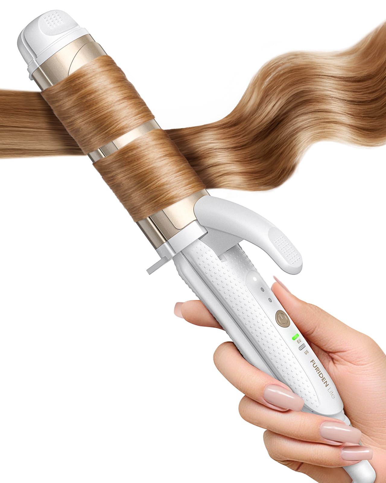 Photo 1 of FURIDEN Lite Dual-Voltage Curling Iron: 110V-240V 1 1/2 Inch Ceramic Wide Barrel 2-in-1 Curling Iron for Chin Length Hair - Europe Travel for Soft Curls with Clamp