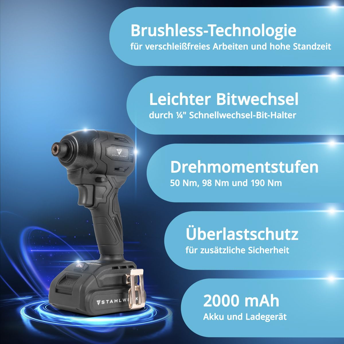 STAHLWERK Akku-Drehschlagschrauber (ADS-190 ST) – 20 V, 190 Nm, ¼ Zoll-Schnellwechsel-Bit-Aufnahme für langen Holz- & Terrassenbau (Holz- & Metallschrauben), Brushless-Technologie, Akkus & Ladegerät 3