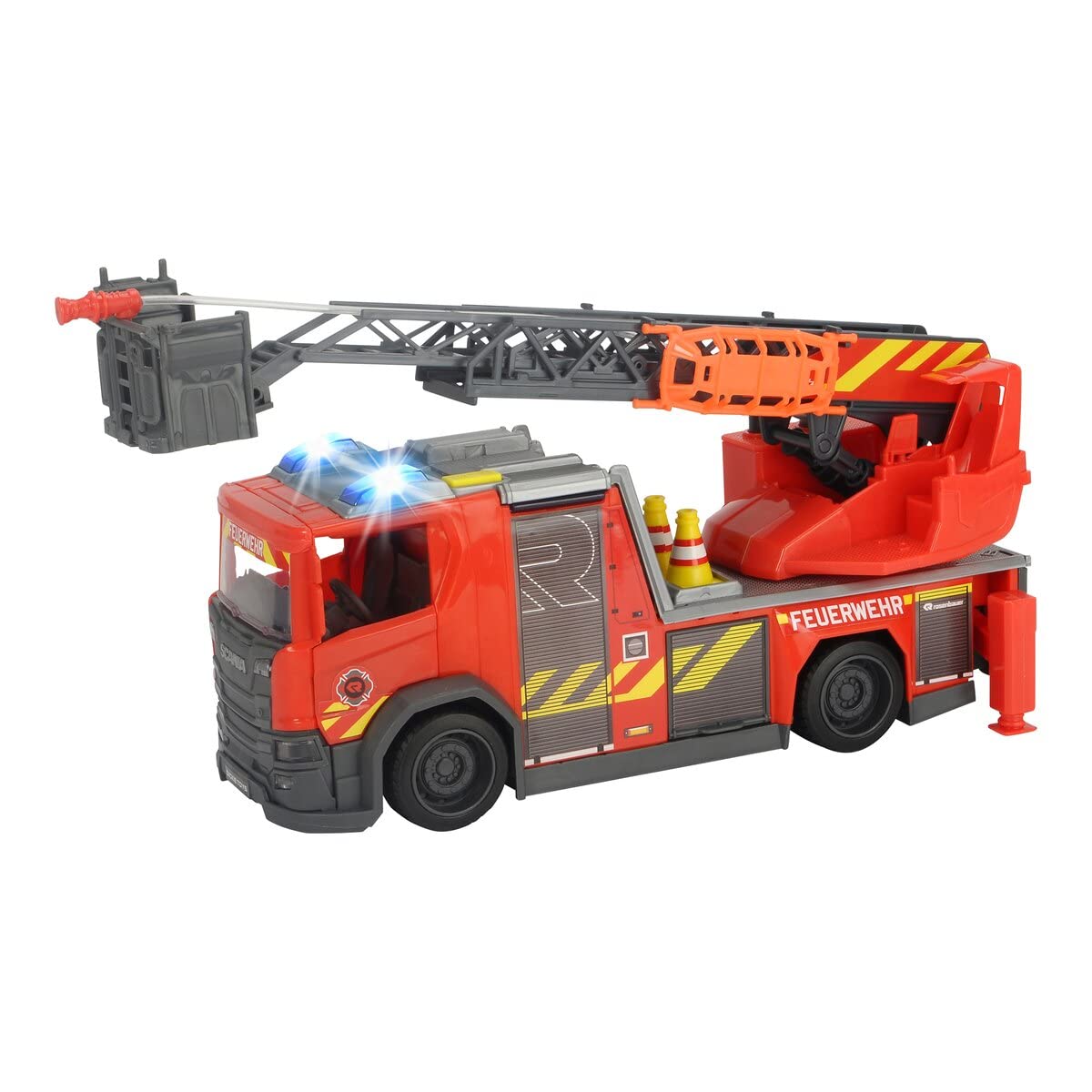 Dickie Toys Scania Rotary Ladder Fire Brigade, Water Spray Function, Rosenbauer, Light & Sound, Includes Batteries, with Extendable Swivel Ladder & Legs, 25 cm, Red
