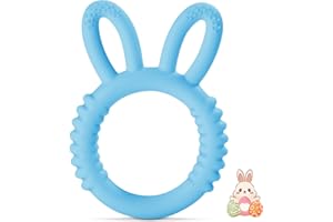 ROISDIYI Easter Baby Teething Toys Bunny Baby Teether Toys Baby Easter Basket Stuffers Easter Gift Easy to Clean Teething Ring (Baby Blue)