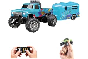 Mini RC Monster Truck, 1:64 Scale RC Monster Truck USB Rechargeable Underflow with Trailer, 2.4Ghz Remote Control Car with Li