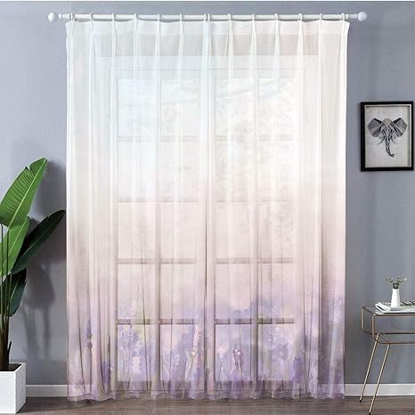 Amazon 150x178cm 装飾 レースカーテン 紫外線カット 断熱効果 ラベンダー 穏やかな草原の油絵スタイルの花抽象芸術 ラベンダー ベビーピンクベビーブルー カーテン ブラインド オンライン通販