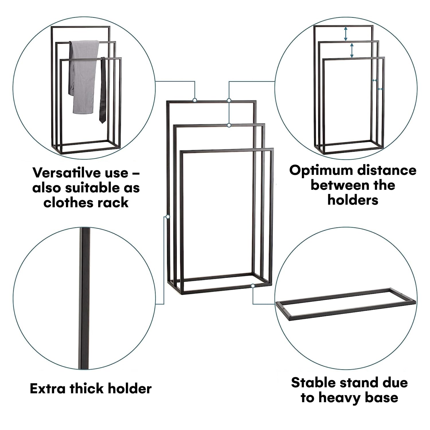 Smartpeas Handtuchhalter Stehend - Handtuchständer Schwarz Aus Rostfreiem Pulverbeschichtetem Stahl - Mit 3 Handtuchstangen - Plus: Edelstahl Klebehaken 4