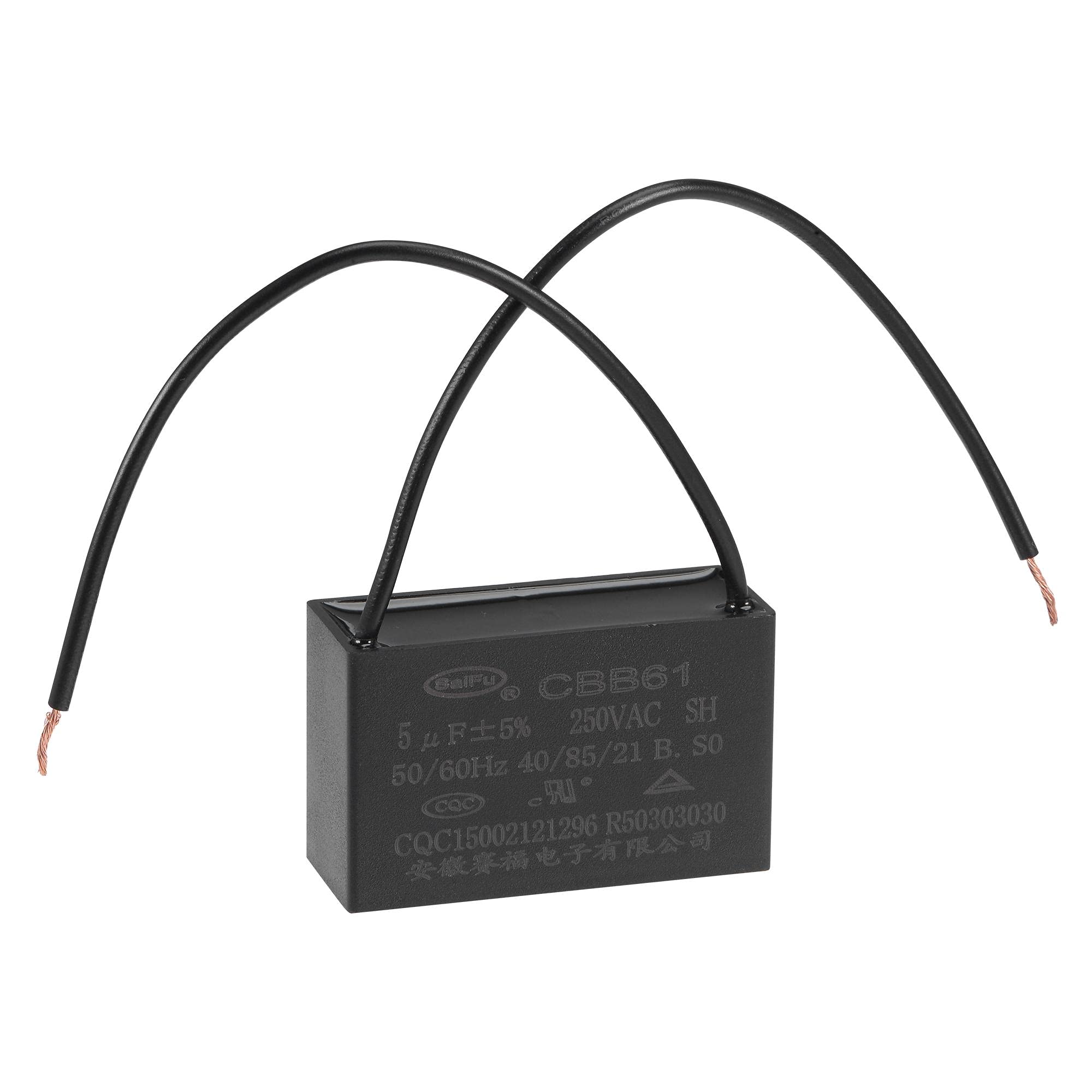 sourcing map Ceiling Fan Capacitor CBB61 5uF 250V AC 2 Wires Metallized Polypropylene Film Capacitor 47x29x18mm for Electric Fan Pump Motor Generator