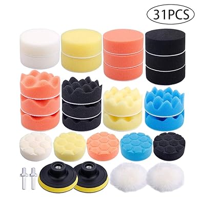 Dualshine 31 Pcs Car Foam Compound Drill Buffing Sponge Washing Pads Polishing Waxing Set Repairing Kit (25 Pads+2 Buffers+2 Adapters+2 Suction Cups)