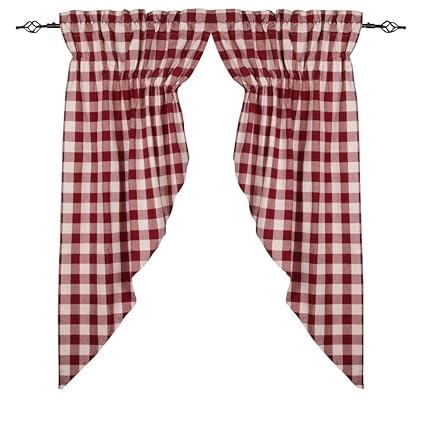 Home Collections by Raghu 72x63 (2 pcs), Buffalo Check Barn Red-Buttermilk Gathered Swag