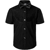 JOGAL Boys Short Sleeve Dress Shirts Kids Pleated Tuxedo Shirt with Bow Tie for 6-14 Years Old