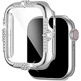 Falandi Hard Case Compatible with Apple Watch Case Series SE 6/5/4 40mm Rhinestones with Built-in Glass Screen Protector Diamond iWatch Face Cover Smart Watch Case for Women Girl, 44mm Silver