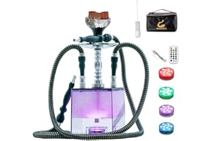 Acrylic Hookah Set 2 Hose with Travel Case, ASANMA Micro Modern Cube Hookah with Charcoal Holder Cleaning Brush Hookah Bowl 2 Leather Hose Coal Tongs Magical Remote LED Light for Better Shisha Hookah Narguile Smoking