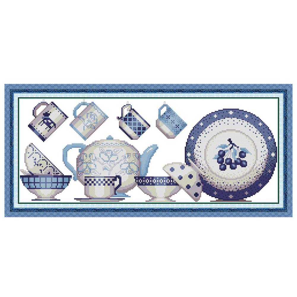 Cross Stitch Embroidery Kits for Adults Kids, WOWDECOR Chinese Ceramics Porcelain 11CT Stamped DIY DMC Needlework Easy Beginners (Porcelain)