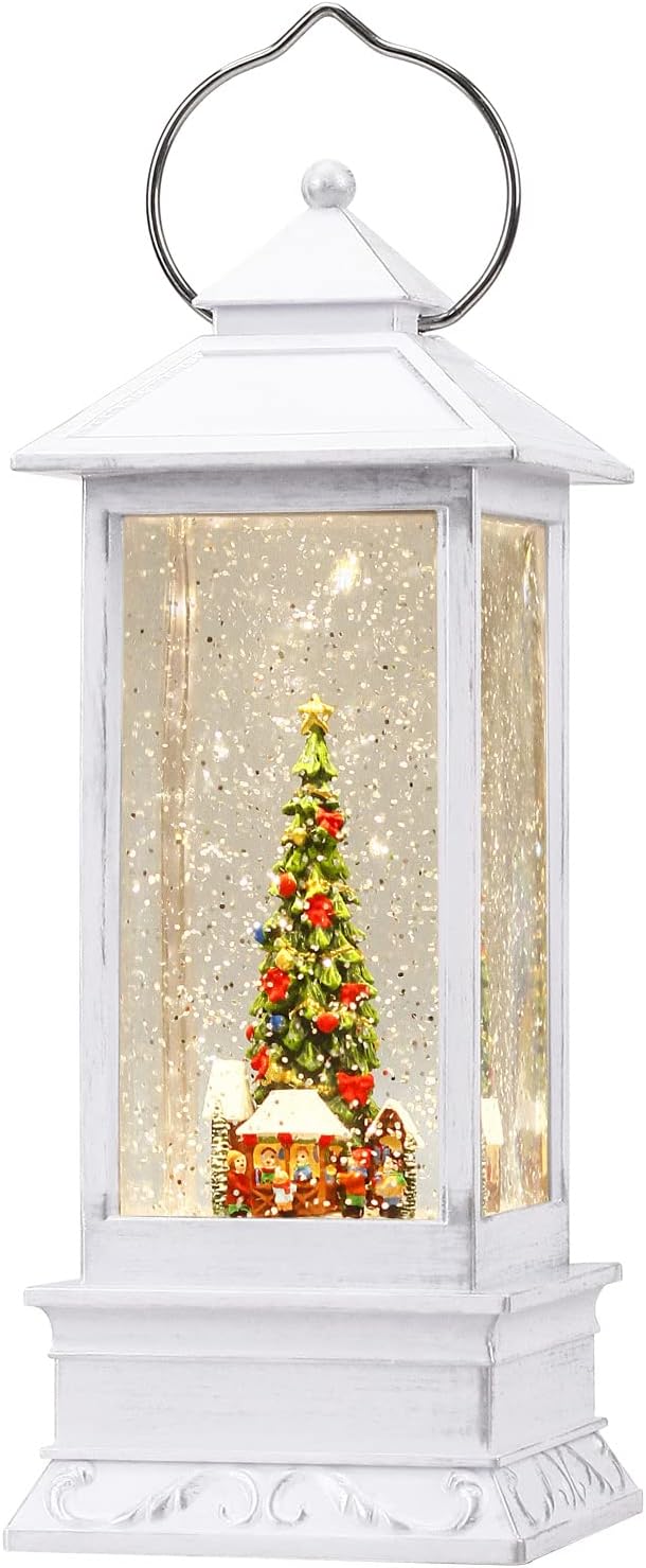 Snow Globes - Joyriver Christmas Snow Globe Lantern, Christmas Tree Retro Musical Christmas Snow Globes, USB or 3AA Battery Powered with 6H Timer Lighted Glittering Lantern Home Decor and Gift, White