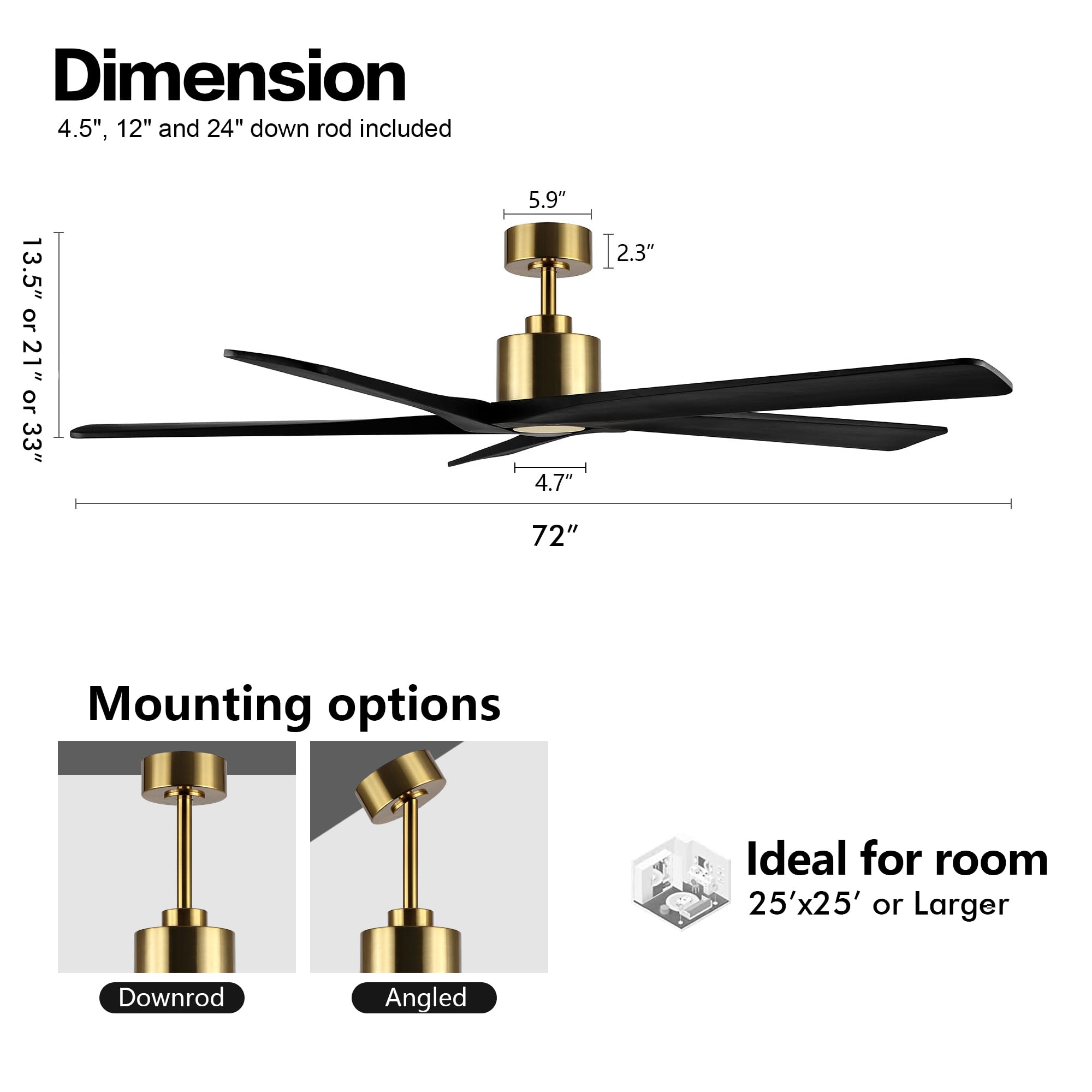 Mua WINGBO 72 Inch DC Ceiling Fan No Light with 3 Downrods, 5