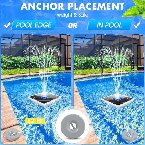 LanBlu Fuente Solar con Espectáculo de Luces, 24 * 24CM Fuente Flotante para Piscina con Ancla, 7 Modo de Iluminación Fuente Solar Jardin Exterior, Flotante Fuente Solar para Estanque Piscina Jardin