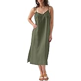 Amazhiyu Womens Pure Linen Summer V Neck Midi Spaghetti Strap Slip Dress with Pockets