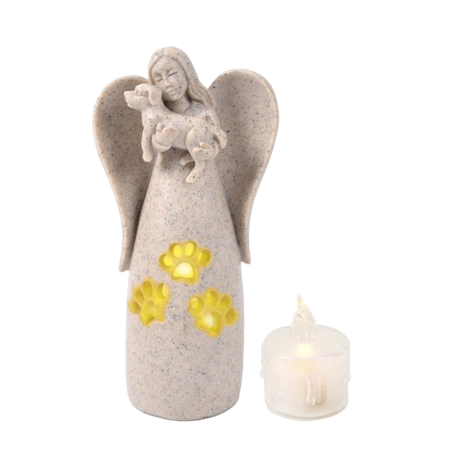 Dog Angel of Friendship Figurines with Candle Holder & Flickering LED Candle, Sandstone Dog Memorial Gift, Sympathy Pet Loss Remembrance Gifts, Angel Figurines Dog Decor, Sculpted Hand-Painted Figure
