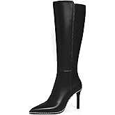 Younton Knee High Boots for Women Stiletto Heel Boot Classic Pointed Toe Booties Beaded Bootie for Work Office Comfortable Retro High Heel Boots