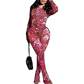 Uni Clau Women’s Sexy 2 Piece Set Floral Print See Through Mesh Long Sleeve Crew Neck Tops and Long Pants Sets Matching Set