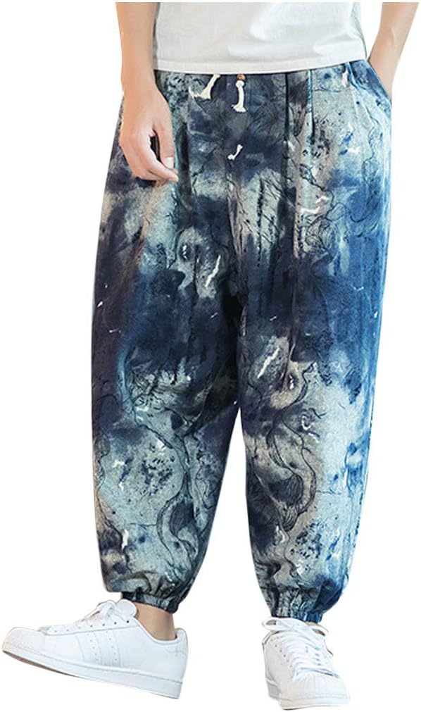 Men's Loose Trousers Casual Cotton Linen Boho Hippie Wide Leg Baggy Harem Lightweight Jogging Bottoms