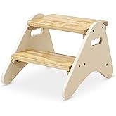 B. toys Peek-A-Boost, 2-Step Ivory &amp; Wood with Handles, 16-Piece Set | Two-step toddler stool with wide textured wooden steps, sturdy base, for bathroom kitchen bedroom, Ivory, Furniture, 2+ Years