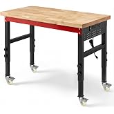 VekMax 48" Heavy Duty Workbench, 2500 LBS Load Capacity Work Bench with 1.2" Laminated Wood Top &amp; Reinforced Steel Frame, Adjustable Height Work Table for Garage, Workshop, Office, Home (Casters)