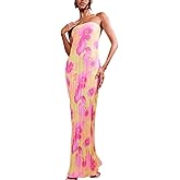 KMBANGI Womens Pink Floral Pleated Tube Maxi Dress Sleeveless Off Shoulder Strapless Backless Party Dress S, M, L, XL