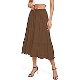 Urban CoCo Women's Elastic Waist Flowy A-Line Midi Long Skirt Below Knee with Pockets