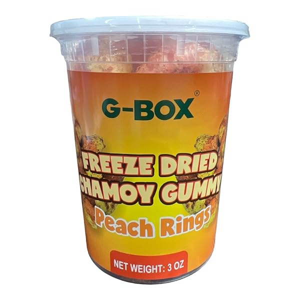 G-BOX FREEZE DRIED PEACH RINGS, TIKTOK TREND ITEMS, FREEZE DRIED CANDY, SPICY MEXICAN CANDY DELIGHTFUL CRUNCHY FRUITY FLAVORFUL BURST, AIR-TIGHT SEALED IN A CONTAINER (CHAMOY CANDY)
