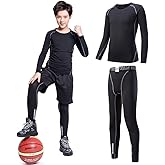 Tesuwel 2/3/4 Pcs Boys Girls Base Layer Athletic Compression Leggings and Shirts Thermal Underwear Set Running Pants Tights