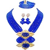 aczuv Fashion African Bead Necklace Nigerian Beads Wedding Jewelry Sets for Women (Blue)