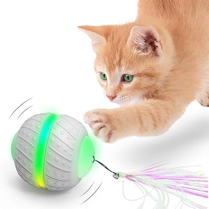 Jouet Pour Chat Avec Balle Interactive Automatique Active Par Le Toucher Par Usb Lumiere Led Coloree Minuteur Automatique Intelligent Avec 2 Modes De Roulage Plumes Attachees Avec Clochette Pour Chat Et Chiot