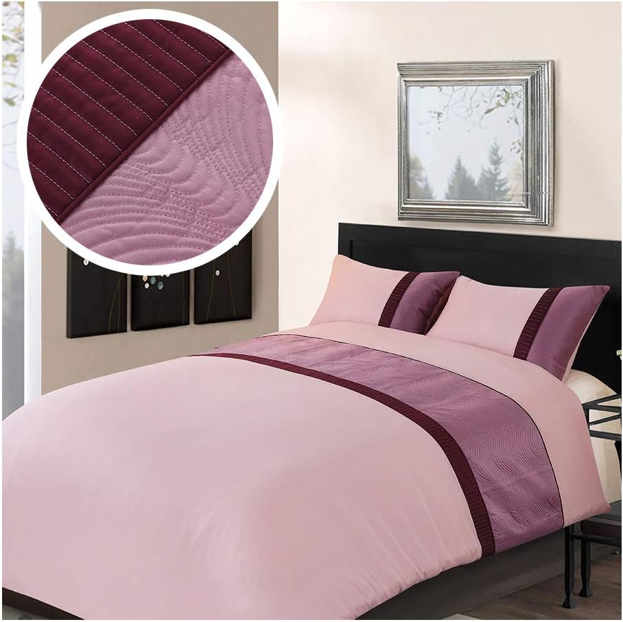 Eleanor Fashion Home Duvet Cover Set Super King, Embroidery, Satin Bedding Quilt with 2 Pillowcases, Pink Microfiber for Hotel and Family (Plum)