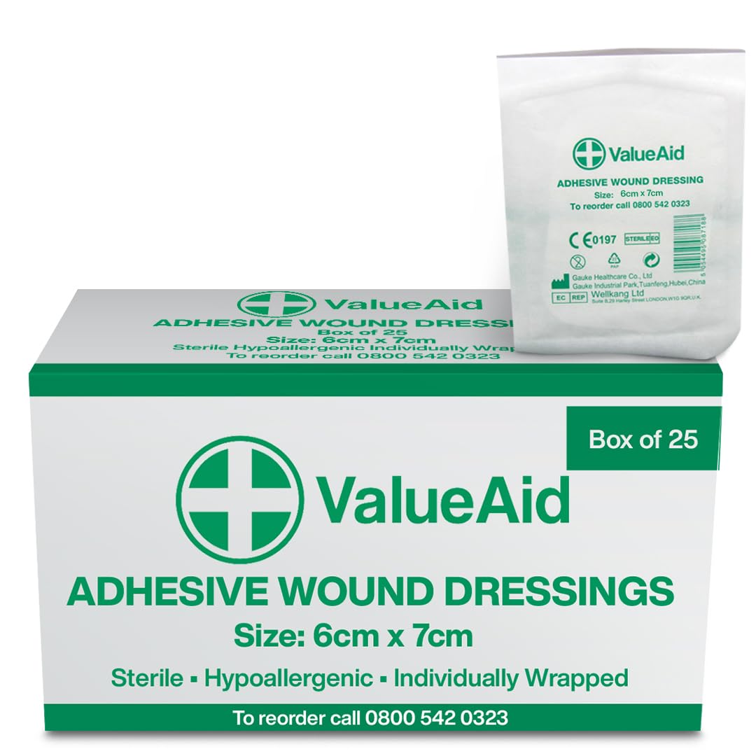 Value Aid Wound Dressings Adhesive - Breathable Non-Woven Sterile Dressing Pads - Comfortable Stretch-and-Conform Design - Pack of 25, Individually Wrapped (6cm x 7cm)