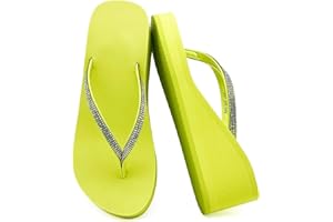 Women's Platform Wedge Flip Flops-Yoga Mat Cushion Lightweight Arch Support Summer Beach Sandals with Glitter Diamond Strap