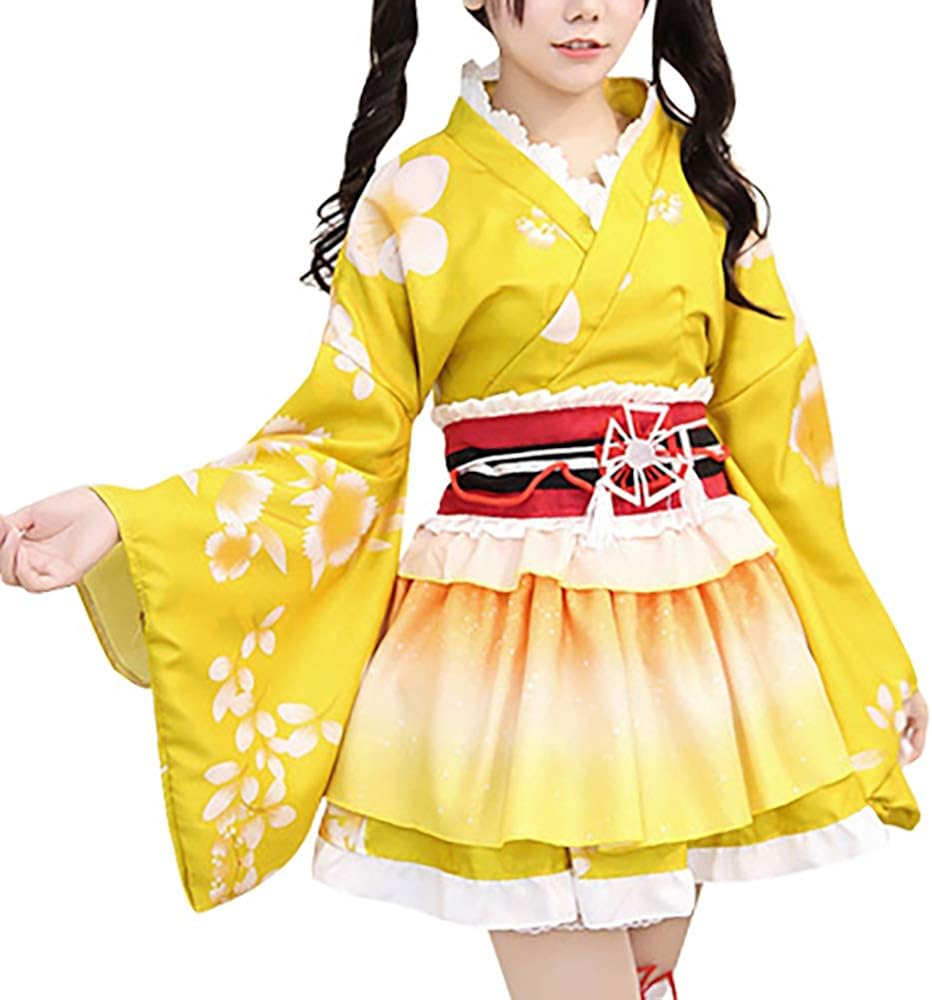 Amazon Co Jp レディース 花魁系 ロング 着物ドレス シフォン 桜 和風 浴衣 コスチューム コスプレ衣装 帯付き 粉 黄 服 ファッション小物