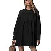 MISSACTIVER Floral Crochet Mini Dress for Women Sheer Lace Mesh Crew Neck Long Sleeve Pleated A Line Shirt Dresses Black