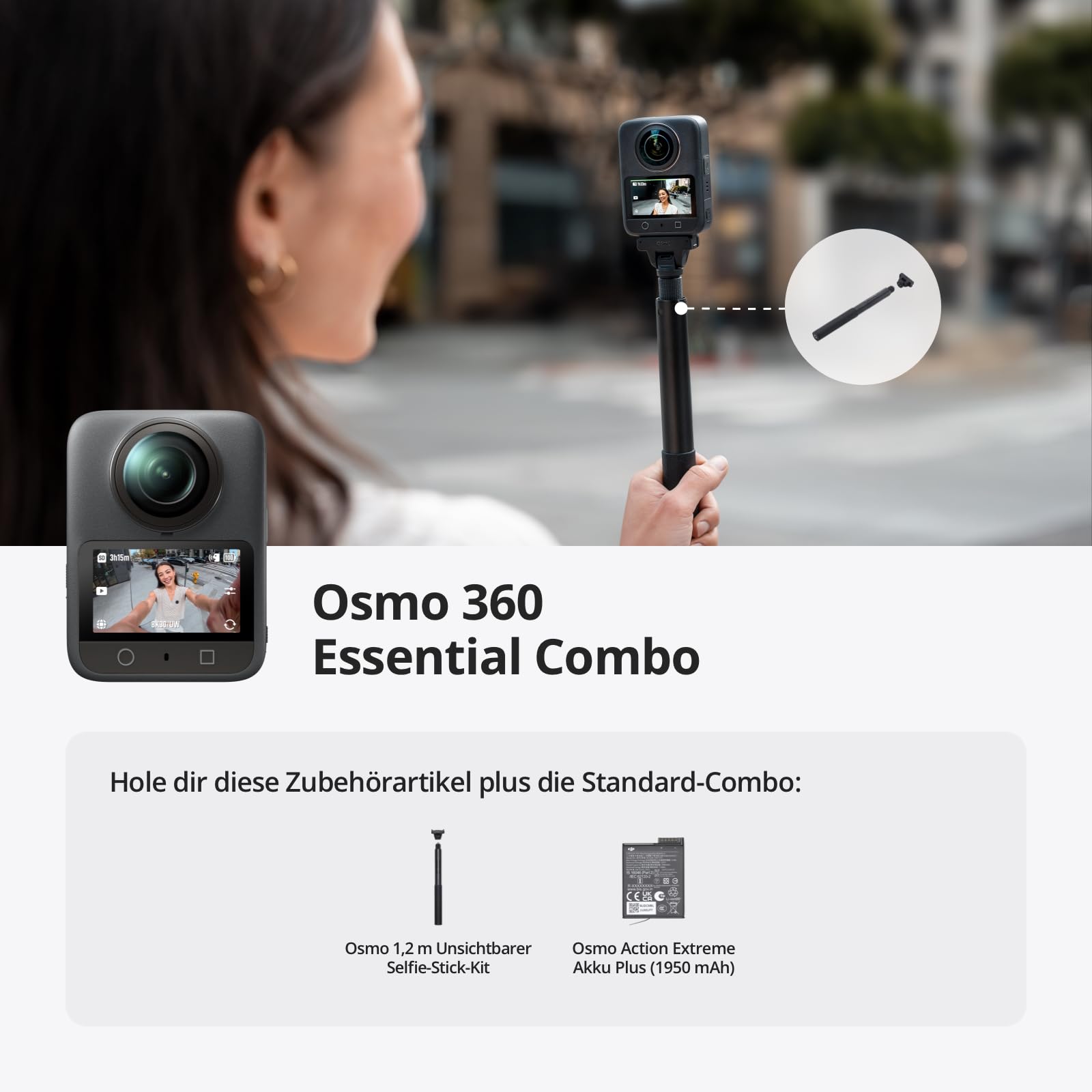 DJI Osmo 360 Essential Combo, 360 Kamera mit 1-Zoll 360° Aufnahmen, Natives 8K 360° Video, 1,2 m unsichtbarer Selfie-Stick-Kit, verlängerte Akkulaufzeit mit 2 Akkus 2