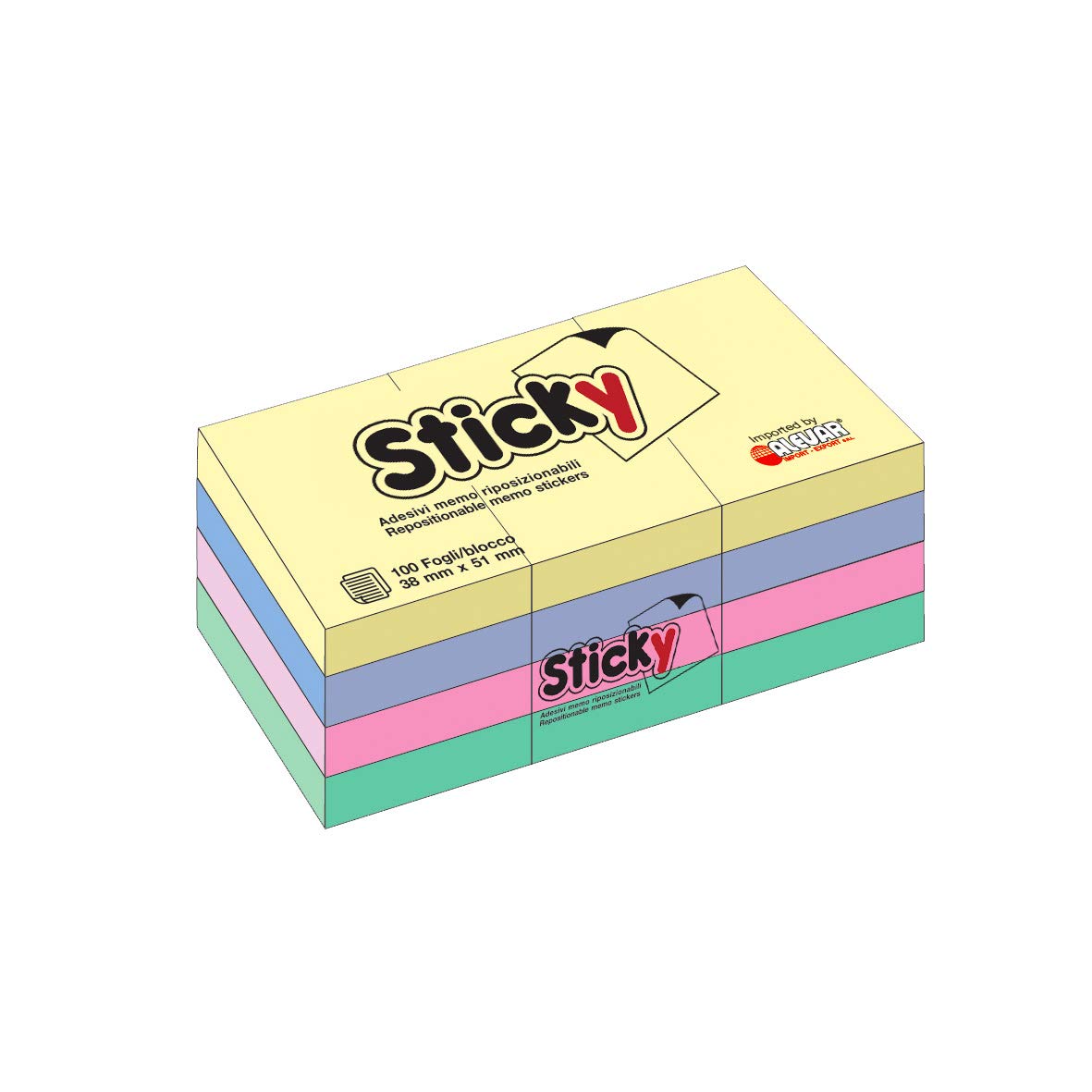 Alevar Sticky Block 100 Sticky Notes Repositionable Size 38x51mm, 4 Assorted Pastel Colours, Pack of 12