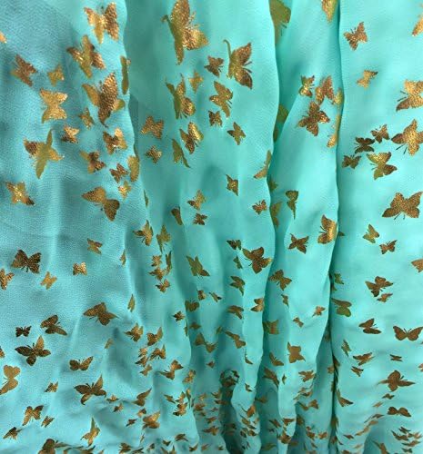 100% Poly-chiffon non stretch teal with butterflies 60 inches wide. Fabric by the yard.