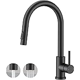 FORIOUS Black Kitchen Faucet with Pull Down Sprayer, Classic Single Hole Kitchen Sink Faucet with Deck Plate, Single Handle, High Arc Stainless Steel, Fit for RV Bar Farmhouse Laundry Outdoor