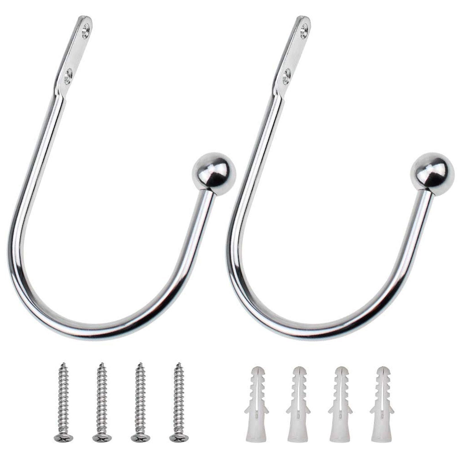 MZMing 2 Pieces Curtain Holdbacks Pair Chrome Tieback Hooks Decorative Curtain Tie Back Hooks Wall Mounted Curtains Hold Back Metal Holdback Arms for Window Shower Curtains Tassel Drapery